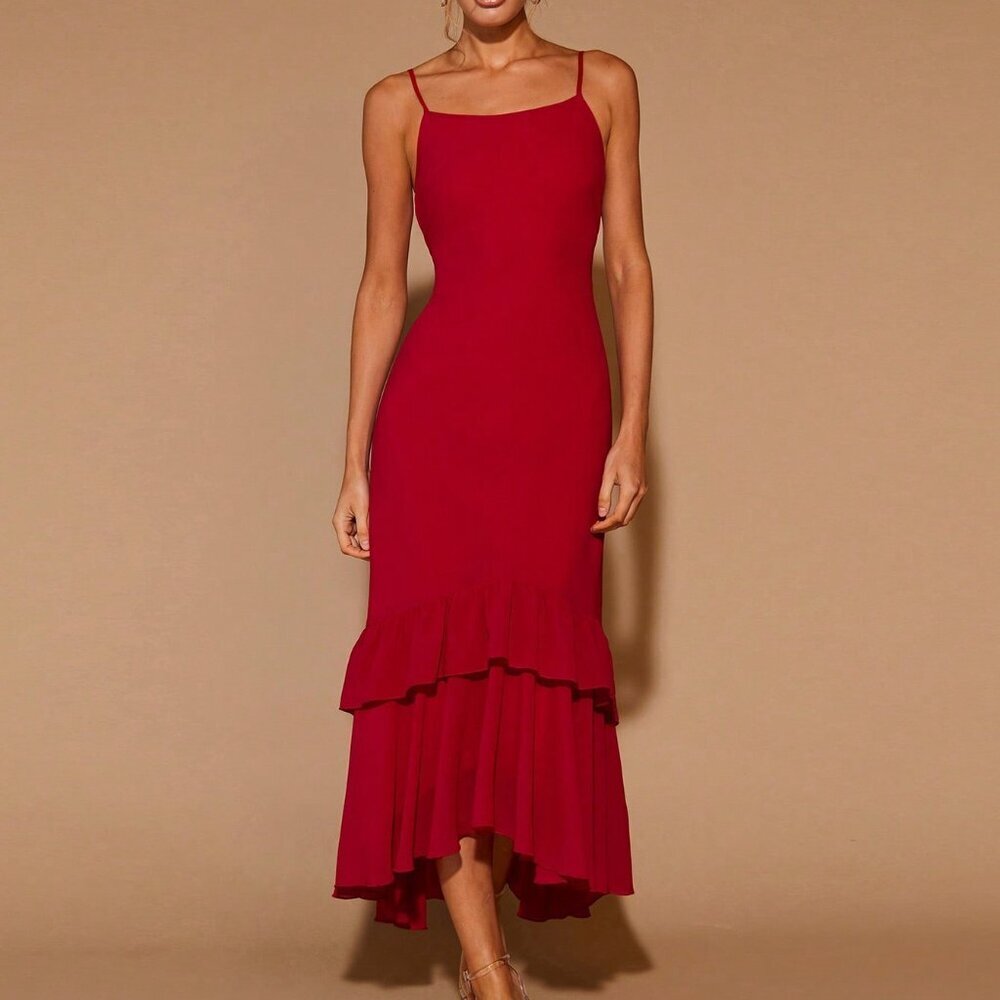 Fiery Red Elegant Women's Ruffle Trim Round Neck Long - Picture 7 of 7